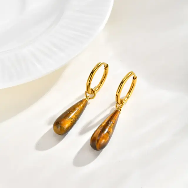 Goodies Label Oorbellen Tijgeroog Druppel Goud | Stainless Steel