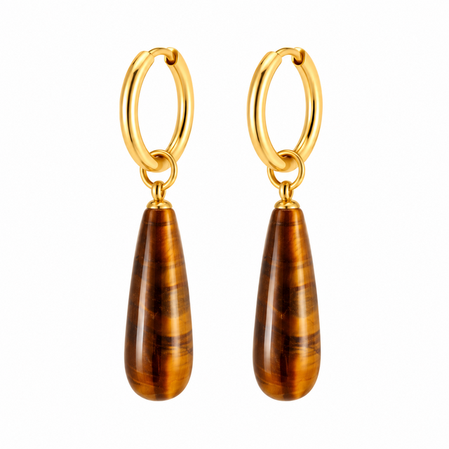 Goodies Label Oorbellen Tijgeroog Druppel Goud | Stainless Steel