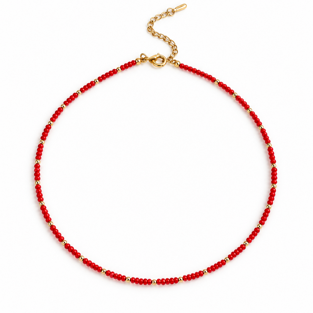 Goodies Label Rode Kralenketting met Goudkleurige Details | 40+5 cm