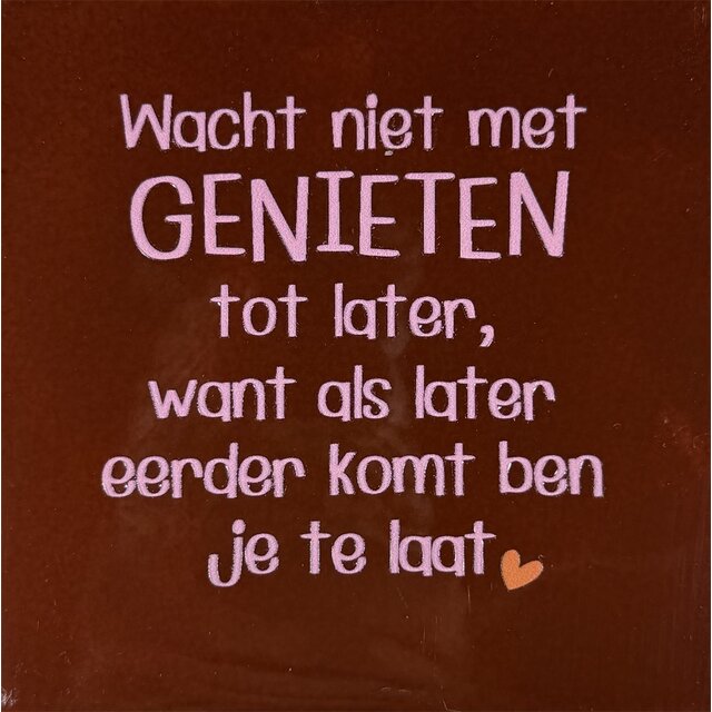 wacht niet met genieten… kastanje/warmroze(oranje)