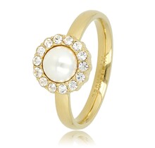 Gouden ring - witte parel - zirkonia steentjes