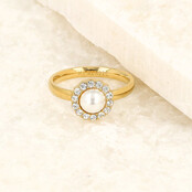 Gouden ring - witte parel - zirkonia steentjes