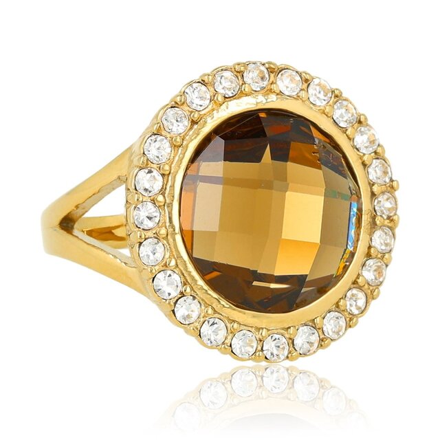 Elegante Ring met Ronde Glassteen & Zirkonia • Smoky Topaz