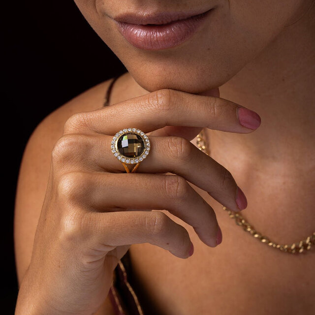 Elegante Ring met Ronde Glassteen & Zirkonia • Smoky Topaz