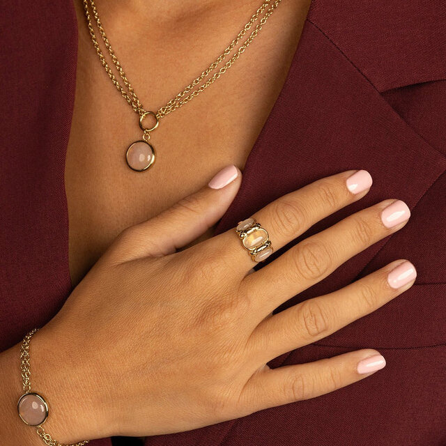 Dubbele Ketting met Ronde Edelsteen • Rose Quartz