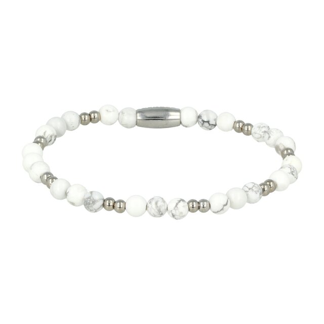 Elastische Howlite Armband van stainless steel - Luxe Sieraad Zilver