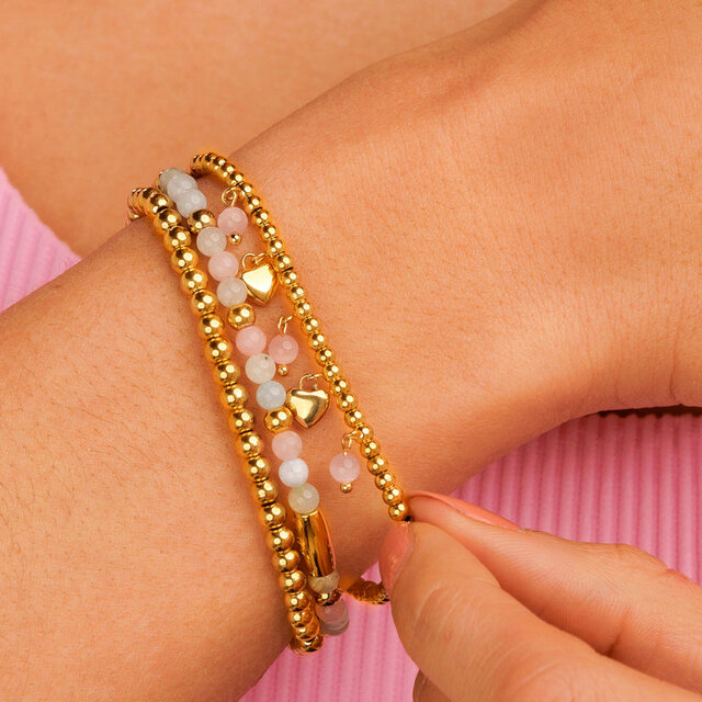 Elastische Kralenarmband met Ronde Bedels • Pink Moonstone