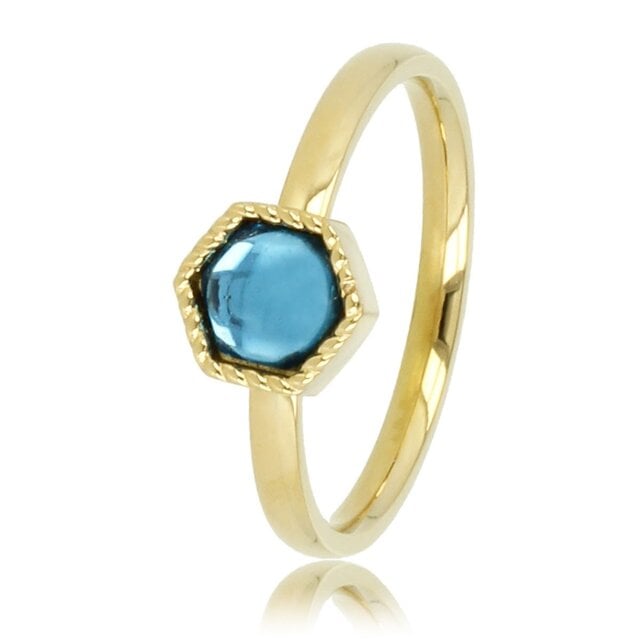 Gouden ring - Zeshoekig ontwerp - Blauwe glassteen