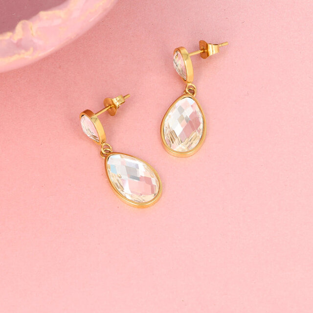 Elegante Gouden Oorbellen met Witte Kristaldruppel