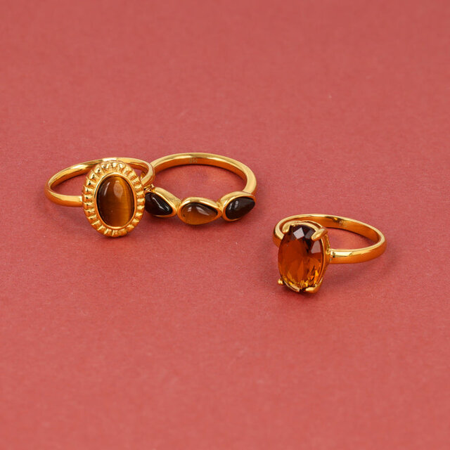 Druppel Ring met Edelstenen • Tiger Eye, Brown Quartz & Agate