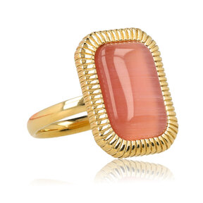 Statement Ring met Rechthoekige Edelsteen en Ribbelrand • Pink Moonstone