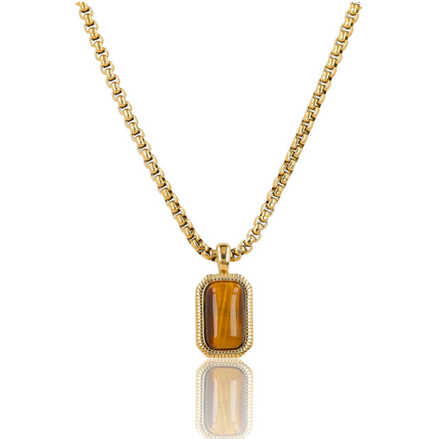 Ketting met Rechthoekige Edelsteen en Ribbelrand • Tiger Eye