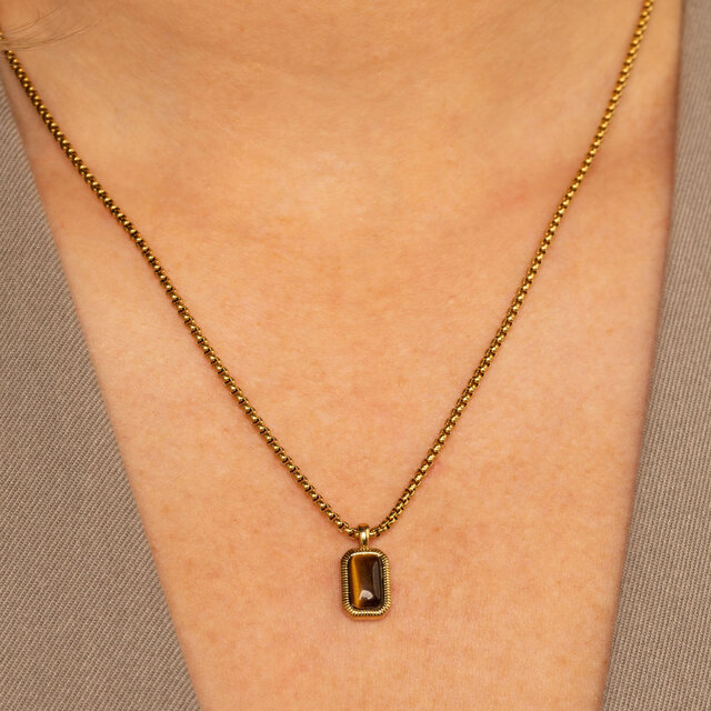 Ketting met Rechthoekige Edelsteen en Ribbelrand • Tiger Eye