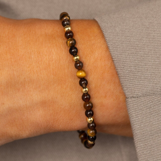 Edelstenen Kralenarmband • Tiger Eye, Brown Quartz & Agate