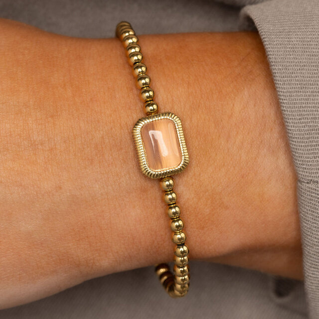 Armband met Rechthoekige Edelsteen en Ribbelrand • Pink Moonstone