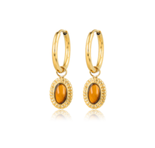 Oorbellen met Ovale Edelsteen en Ribbelrand • Tiger Eye