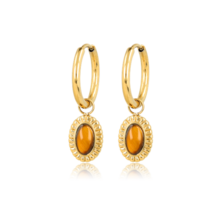 Oorbellen met Ovale Edelsteen en Ribbelrand • Tiger Eye