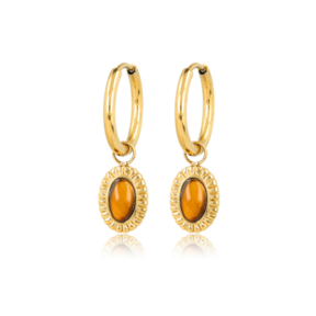 Oorbellen met Ovale Edelsteen en Ribbelrand • Tiger Eye