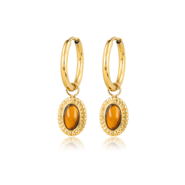 Oorbellen met Ovale Edelsteen en Ribbelrand • Tiger Eye