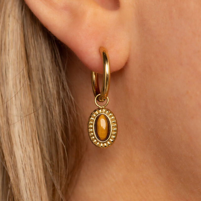 Oorbellen met Ovale Edelsteen en Ribbelrand • Tiger Eye