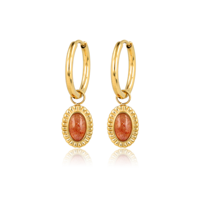Oorbellen met Ovale Edelsteen en Ribbelrand • Berry Quartz