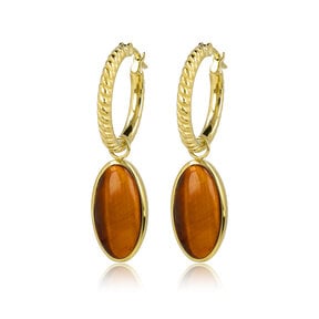Geribbelde Oorringen met Ovale Edelsteen • Tiger Eye