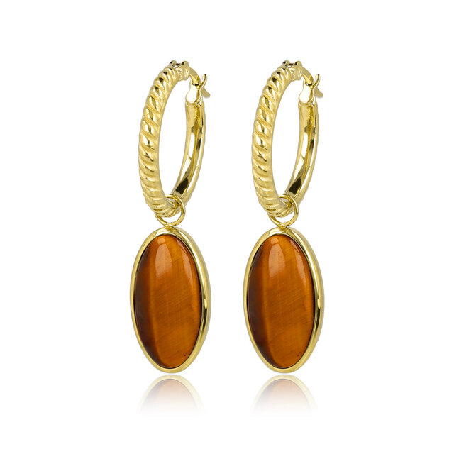 Geribbelde Oorringen met Ovale Edelsteen • Tiger Eye