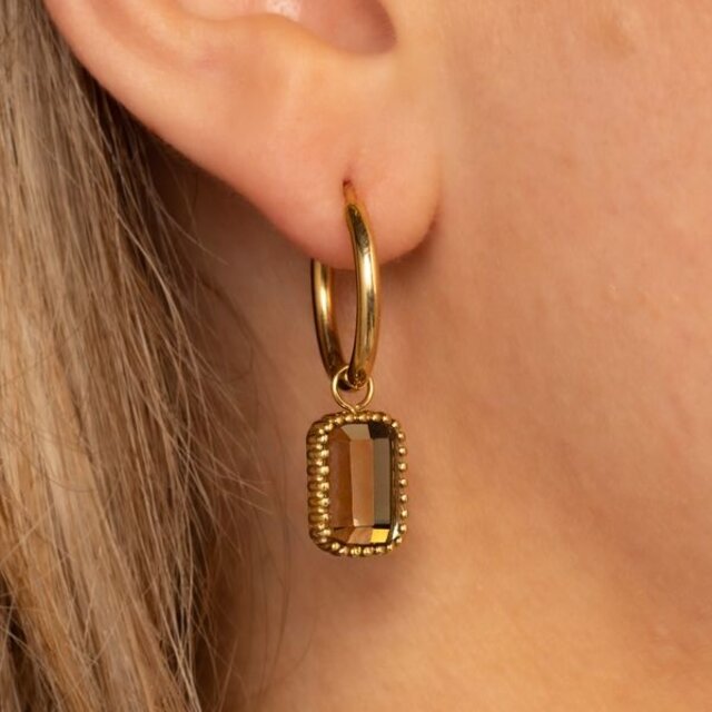 Oorringen met Rechthoekige Glassteen en Bolletjesrand • Smoky Topaz