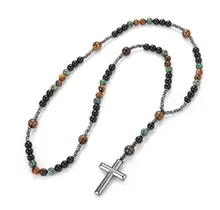 Natuursteen Kralen Ketting Vintage Metalen Kruis Hanger Tijgeroog Afrikaanse Turkoois Malachiet Sieraden Voor Heren Dames