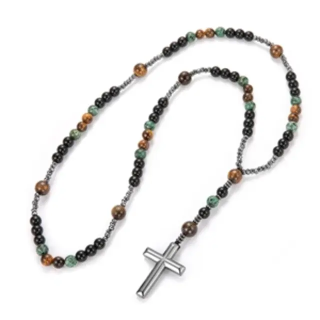 Natuursteen Kralen Ketting Vintage Metalen Kruis Hanger Tijgeroog Afrikaanse Turkoois Malachiet Sieraden Voor Heren Dames