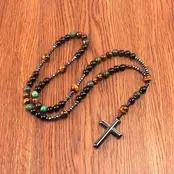 Natuursteen Kralen Ketting Vintage Metalen Kruis Hanger Tijgeroog Afrikaanse Turkoois Malachiet Sieraden Voor Heren Dames