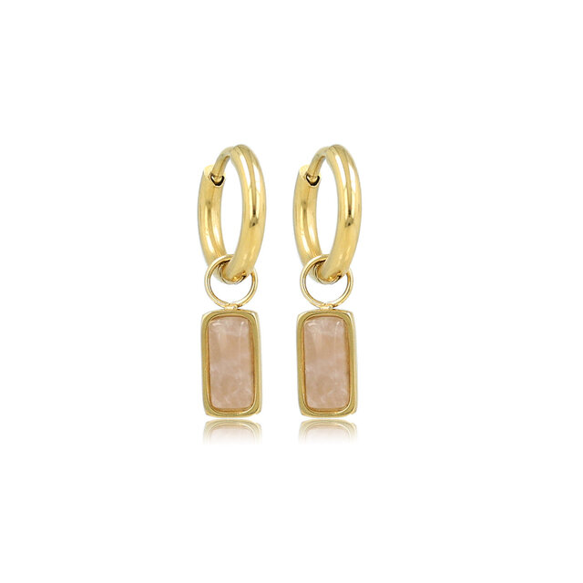 Gouden Oorring met Rechthoekige Hanger van Rose Quartz