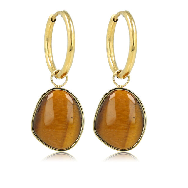 Gouden Oorring met Tiger Eye Hanger in Organische Vorm