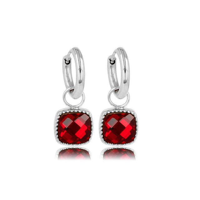 Elegante Zilveren Oorringen met Dieprode Glassteen