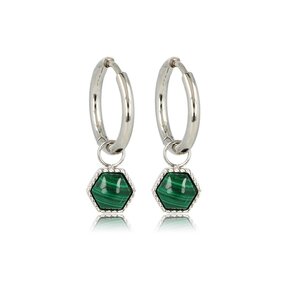 Zilveren Zeshoek Oorbellen met Malachite