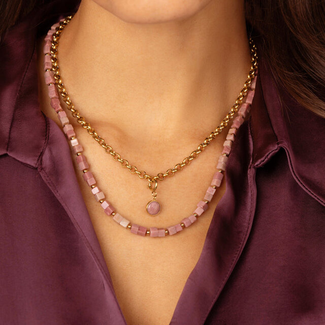 Ketting met Vierkante Edelstenen Kralen • Rhodoniet