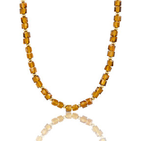 Ketting met Facetgeslepen Vierkante Kralen • Bruine Glassteen