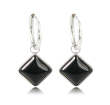 Zilveren Ronde Oorring met Onyx Ruiten Hanger