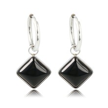 Zilveren Ronde Oorring met Onyx Ruiten Hanger