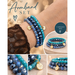 Biba Crystal Armbandenset Blauw Petrol – 3-Delig Elastisch