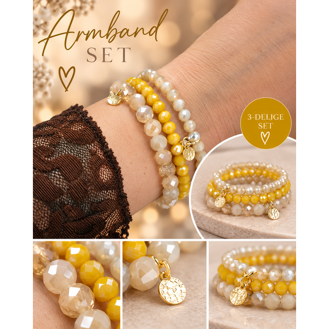 Biba Crystal Armbandenset Oker Beige – 3-Delig Elastisch