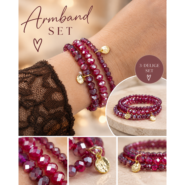 Biba Crystal Armbandenset Burgundy Rood – 3-Delig Elastisch