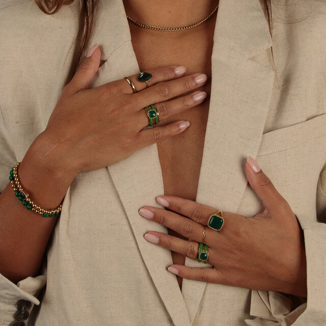 Gouden Elastische Armband met Green Agate Edelsteen