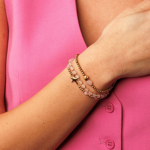 Rose Quartz Armband met Gouden Kralen en Schelp