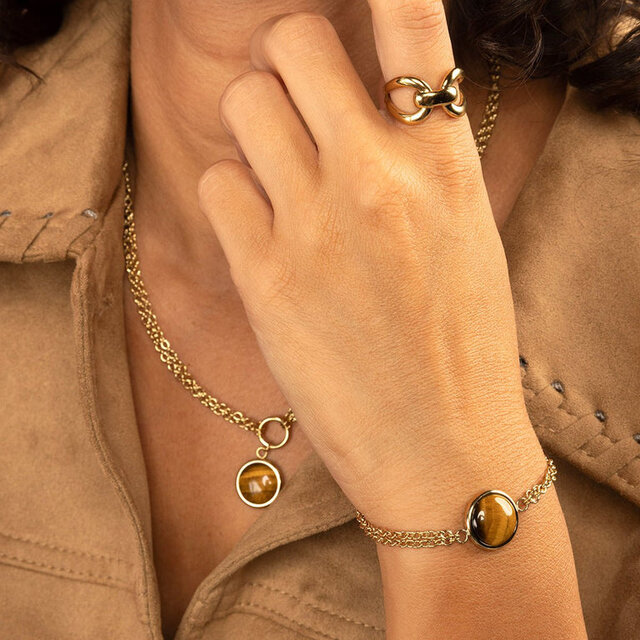 Dubbele Armband met Ronde Edelsteen • Tiger Eye