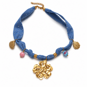 Goodies Label Scarf Ketting Blauw met Bloem – 41 + 5 cm