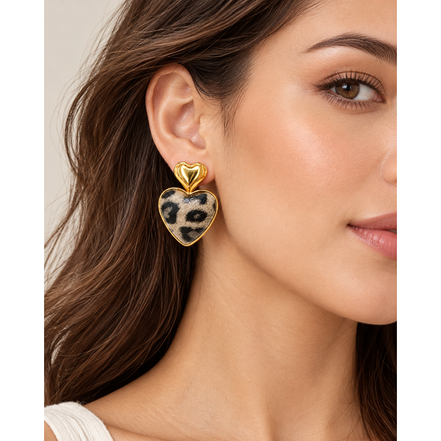 Goodies Label Leopard Heart Oorbellen Lichtbruin Goudkleurig