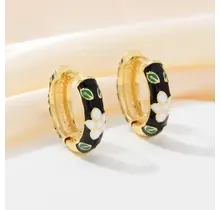 Zwarte Enamel Bloemen Hoops Goudkleurig – Retro Style