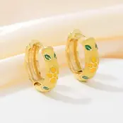 Gele Enamel Bloemen Hoops Goudkleurig – Retro Style