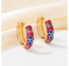 Fuchsia Enamel Bloemen Hoops Goudkleurig – Retro Style